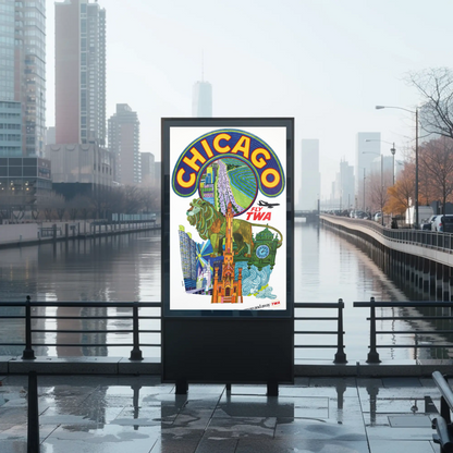 Fly TWA to Chicago! Vintage Style 1960s Travel Poster