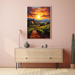 Picturesque Vineyard Landscape With Impressionistic Sunset Artistic Poster