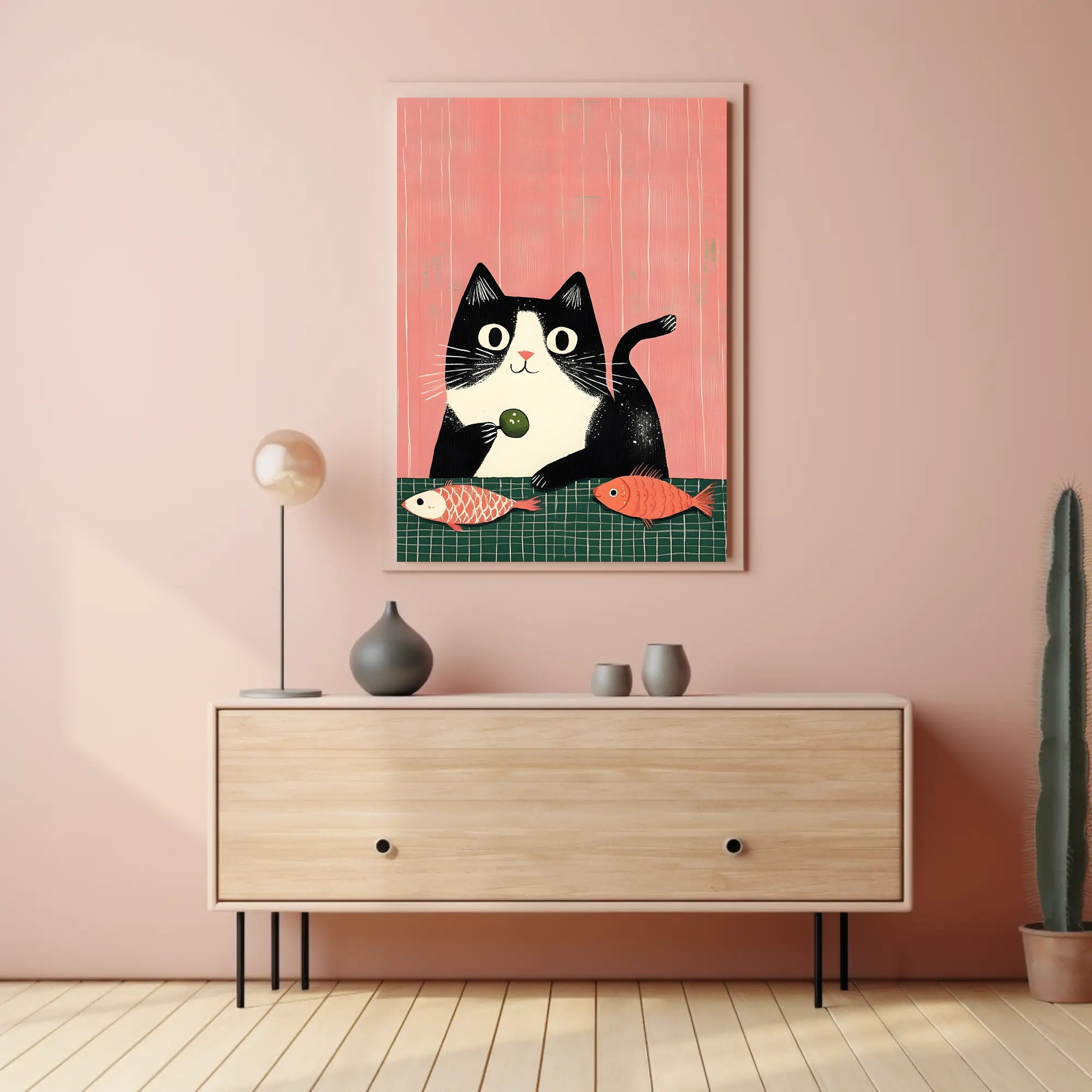 Cat Poster Whimsical Cat And Fish Wall Art Print