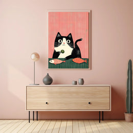 Cat Poster Whimsical Cat And Fish Wall Art Print