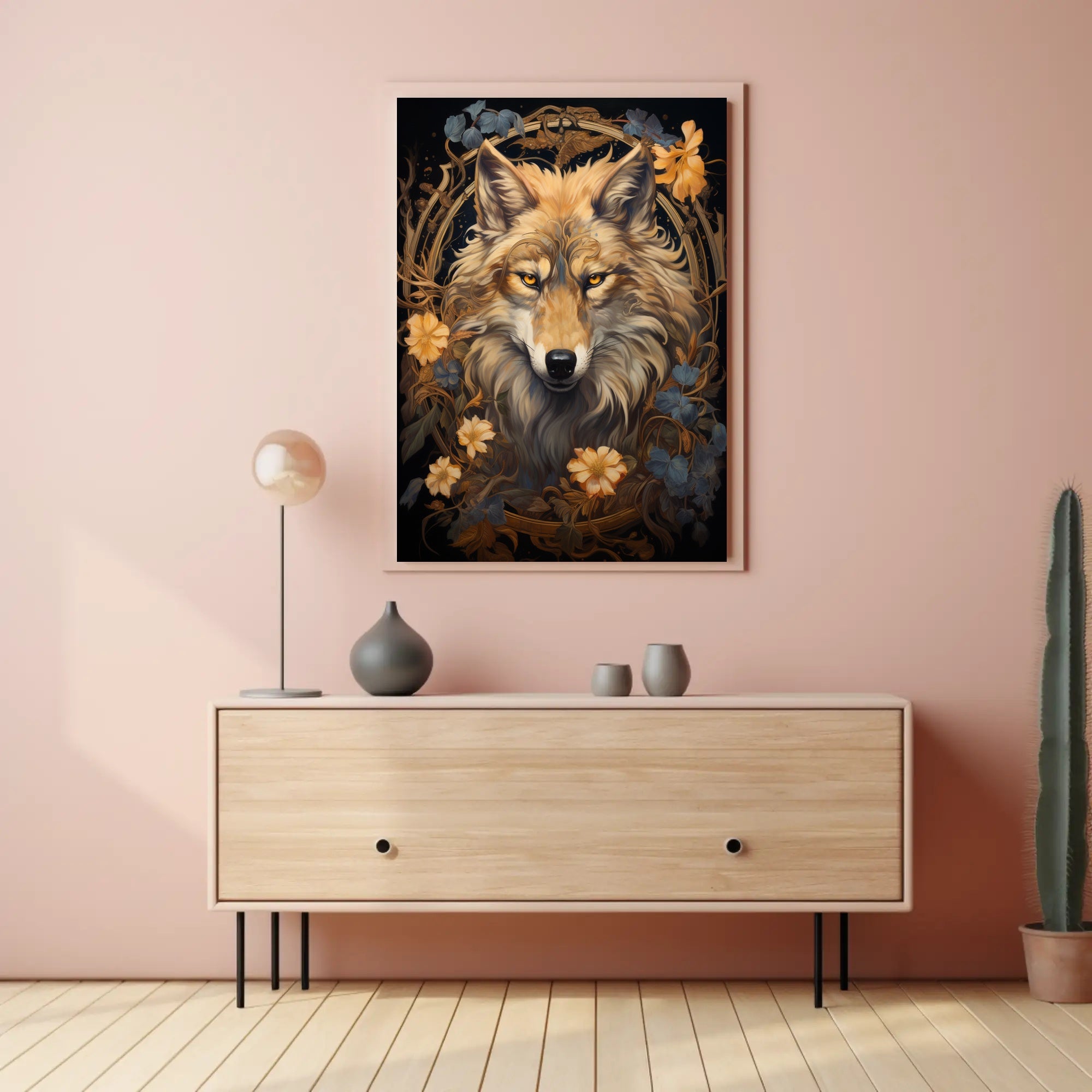 Majestic Wolf In Floral Frame Poster PosterGoat