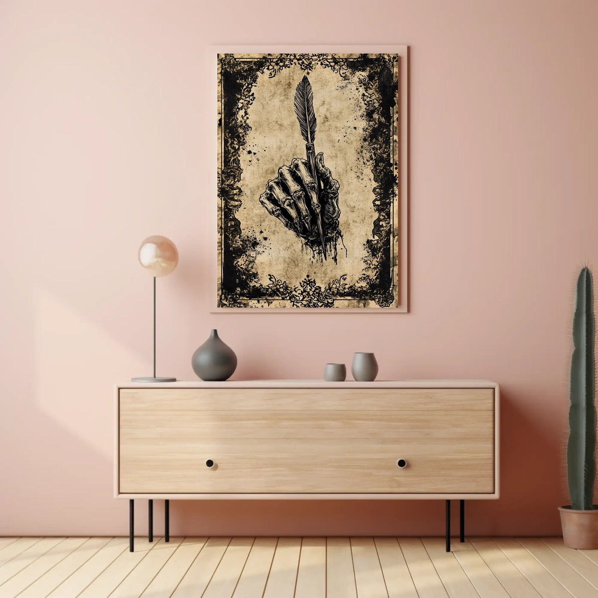 The poster features a skeletal hand gripping a quill pen, creating a strong Travel Poster