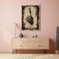 The poster features a skeletal hand gripping a quill pen, creating a strong Travel Poster