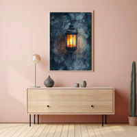 Rustic Lantern in Serene Nighttime Landscape Poster