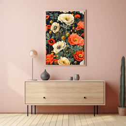 Lush Botanical Garden Scene with Poppies Artistic Poster