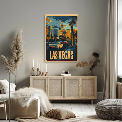 Las Vegas Neon Strip Vintage Cars Skyline Travel Poster
