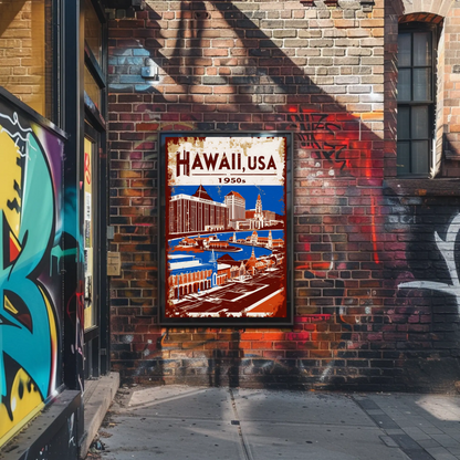 Hawaii USA 1950s Island Life Vintage Maroon Travel Poster