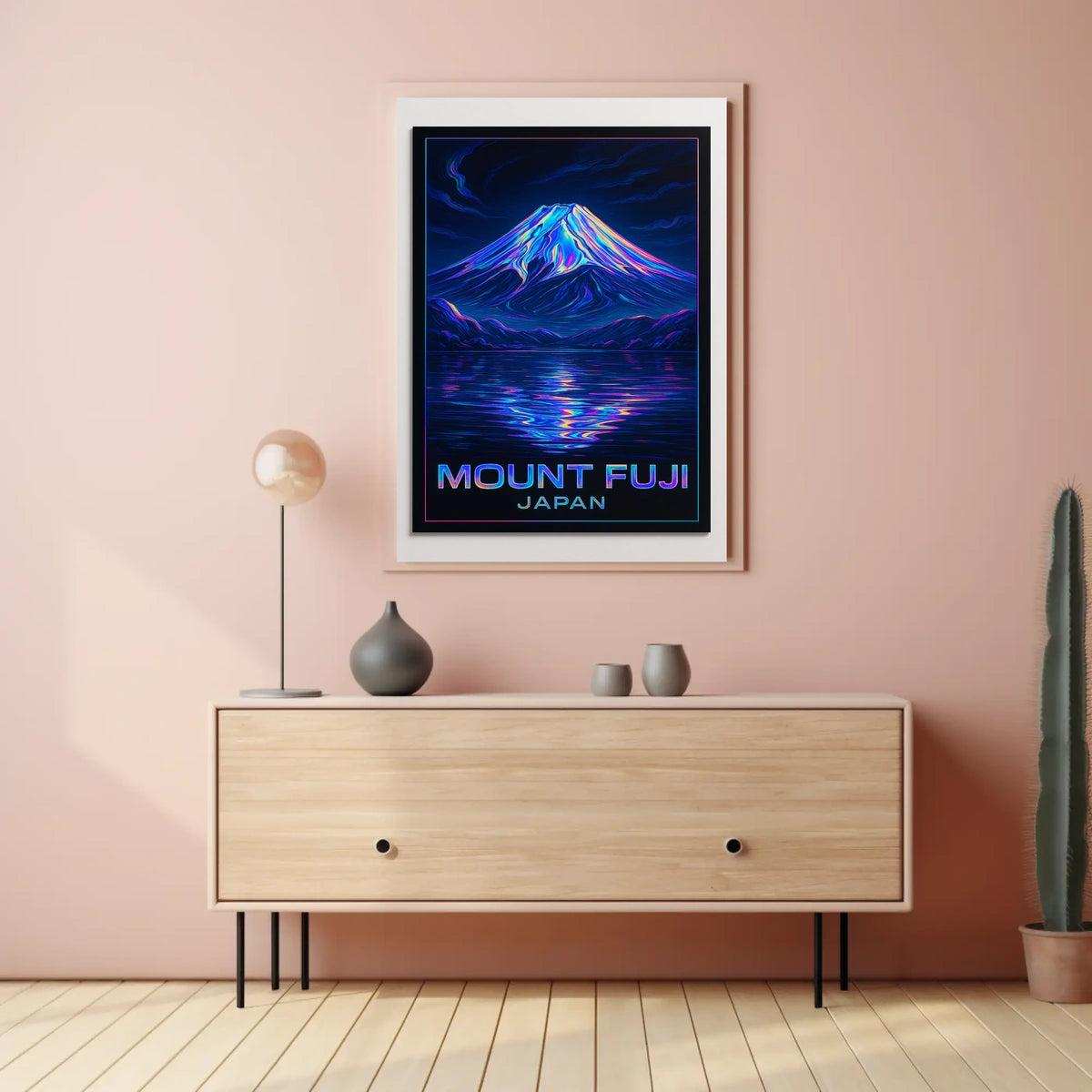 Mount Fuji Neon Reflections Iridescent Futuristic SciFi Vaporwave Dreamscape Poster