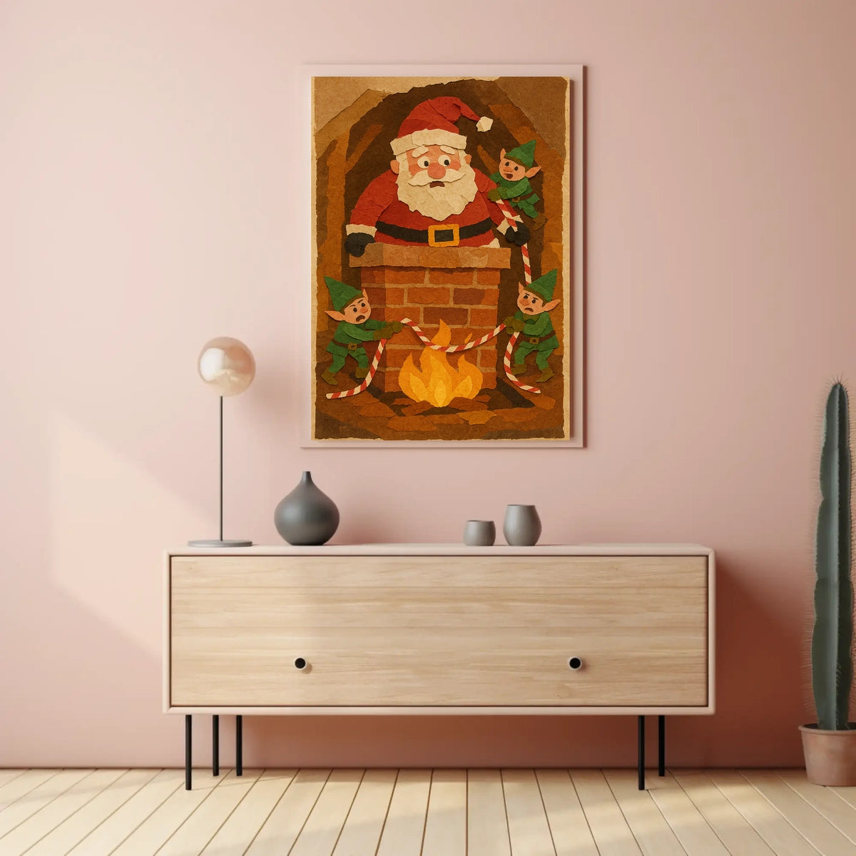 Playful Santa Chimney Scene with Elves Christmas Poster