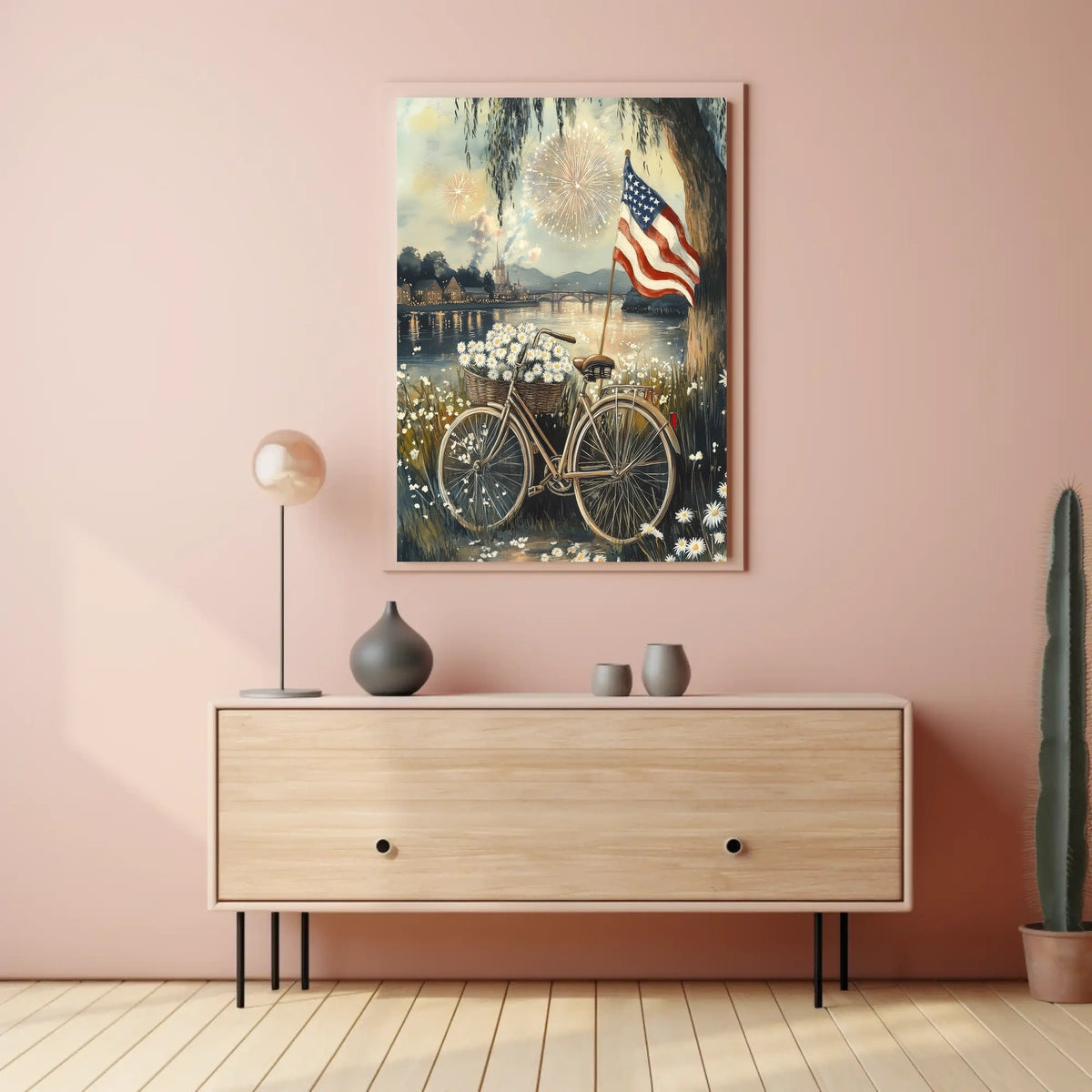 Bicycle With Daisy Basket By Riverside Under Willow Poster