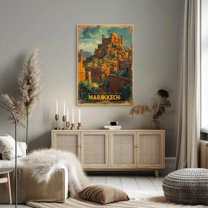Marrakech Medina Palaces Mountains Travel Poster
