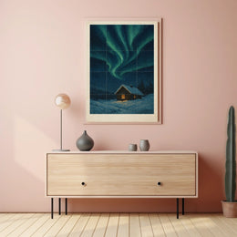 Northern Lights Over Snowy Cabin Poster