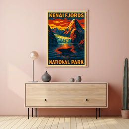 Kenai Fjords National Park Vintage Travel Dramatic Glacier Landscape Alaska Whale Tail Adventure Poster