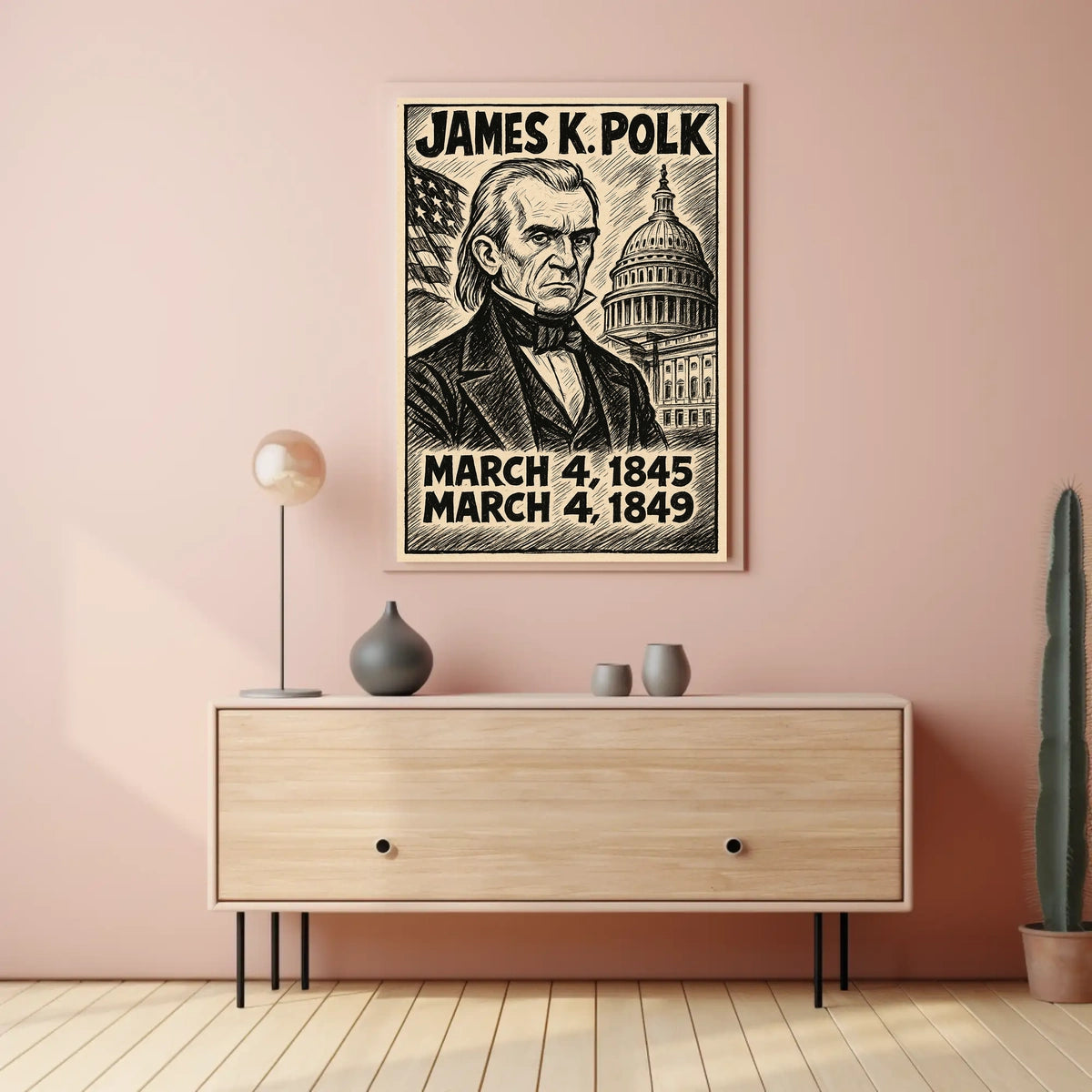James K. Polk 11th President of the United States B & W Comic Sketch Poster