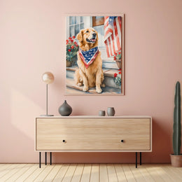 Golden Retriever On Front Porch Patriotic Bandana Poster
