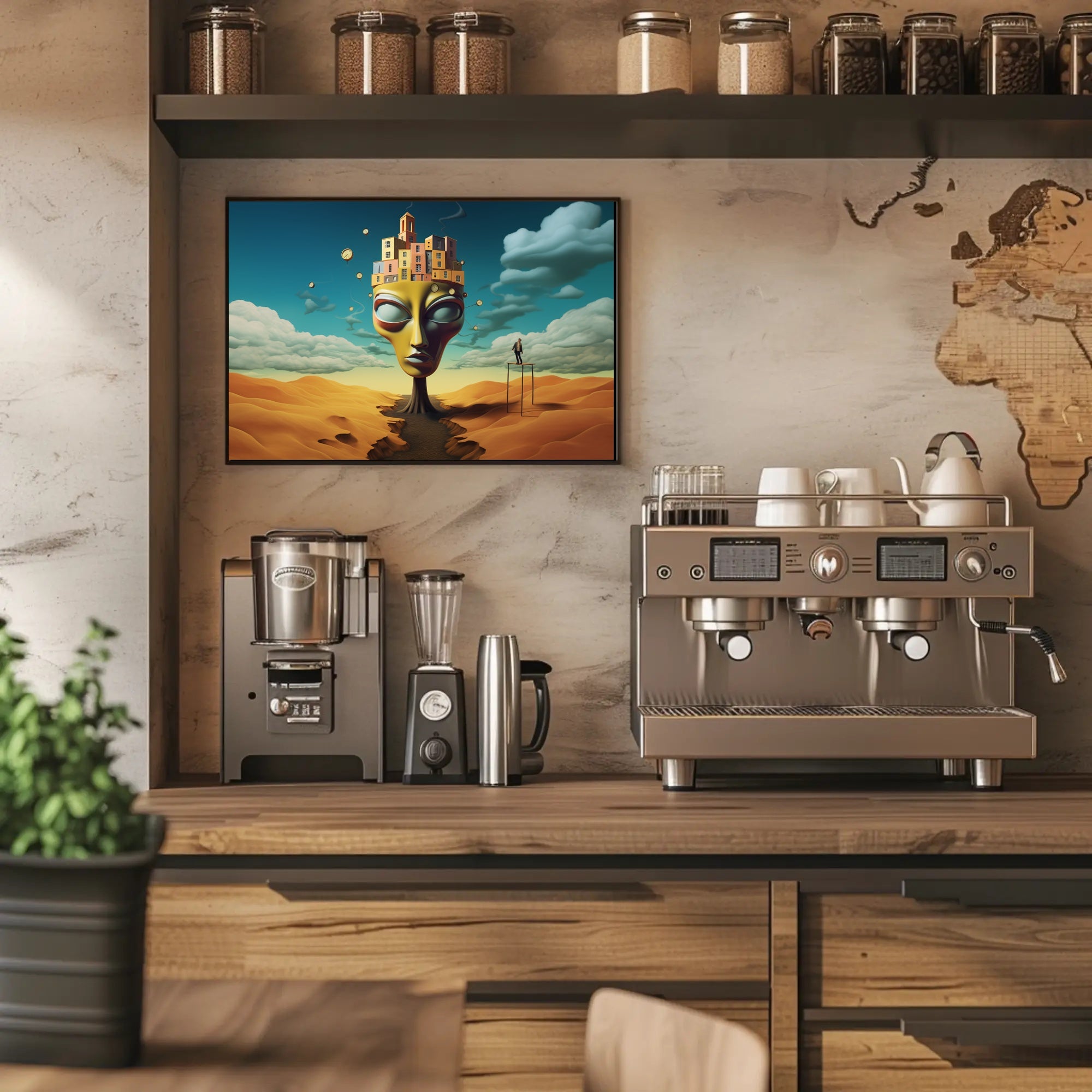 Surreal Desert Landscape with Whimsical Architecture Poster