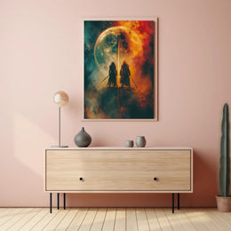 Celestial Warriors Under Twin Moons Fantasy or Mythology Poster PosterGoat