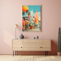 Retro-Modern Urban Scene: Coastal City Artistic Poster