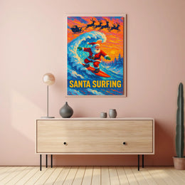Santa Surfing Poster: Festive Beach Adventure Art
