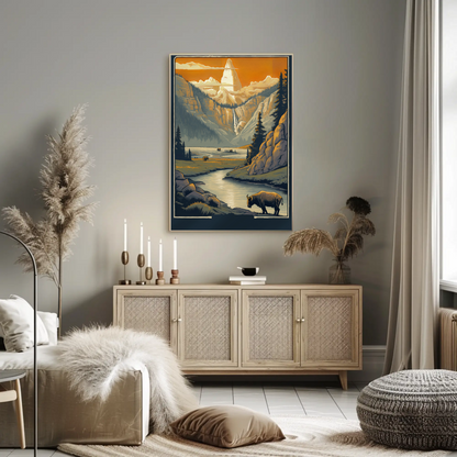 Mountain Valley Yellowstone Bison Scene Travel Poster