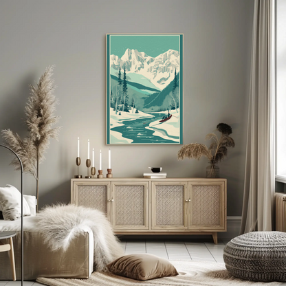 Snowy Alpine Mountain Rowboat Scene Travel Poster