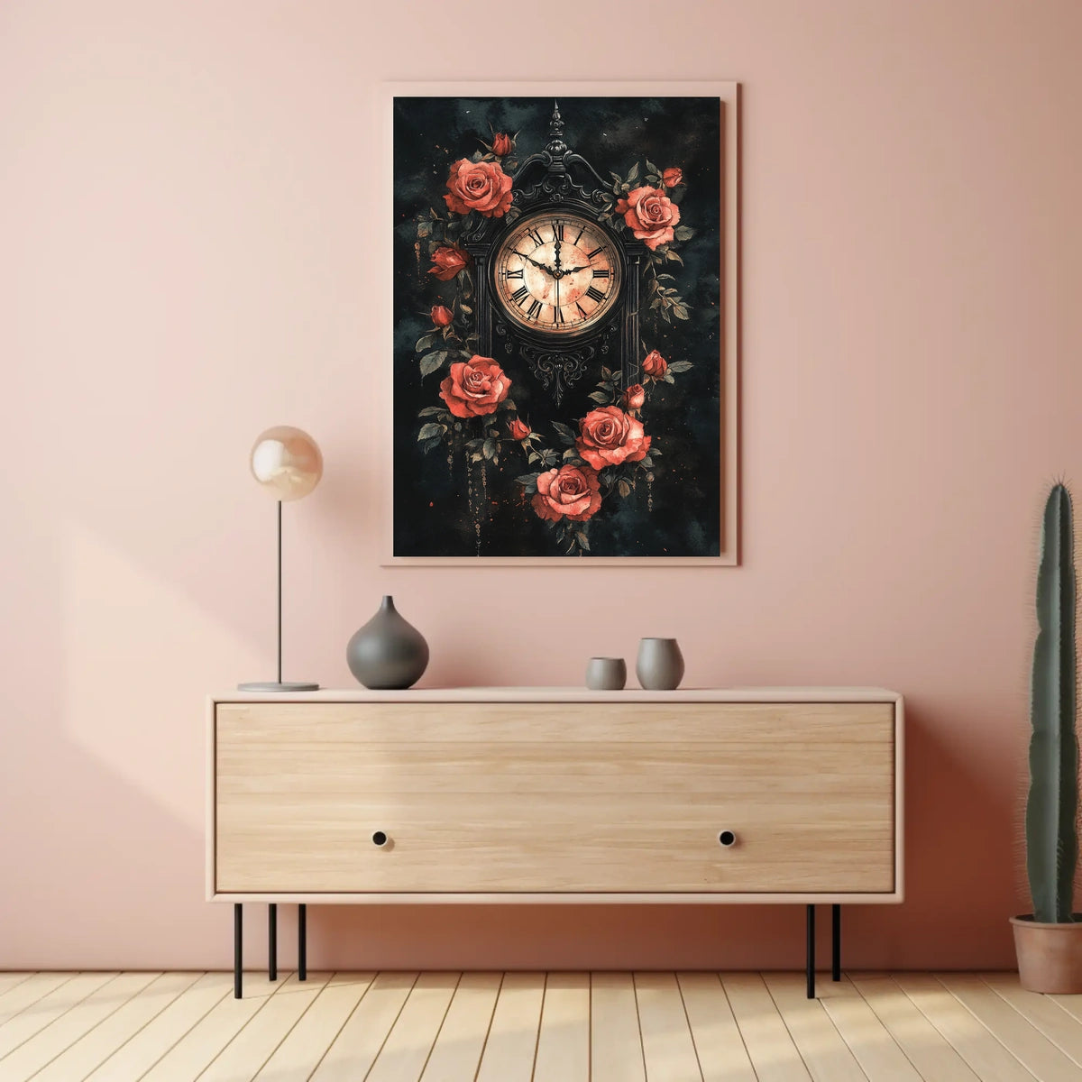 Gothic Victorian Clock with Red Roses Artwork Poster