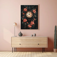 Gothic Victorian Clock with Red Roses Artwork Poster