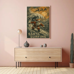 Santa Surfing Holiday Poster with Reindeer Silhouettes