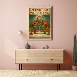 Reindeer Wrestling Holiday Art Print Sports Poster