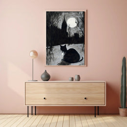 Moonlit Cat with Gothic Castle Artistic Poster PosterGoat