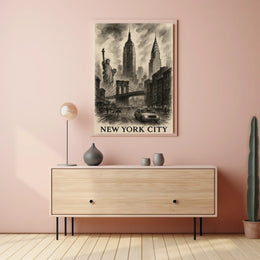 New York City Landmarks Cityscape Poster Vintage Wall Art