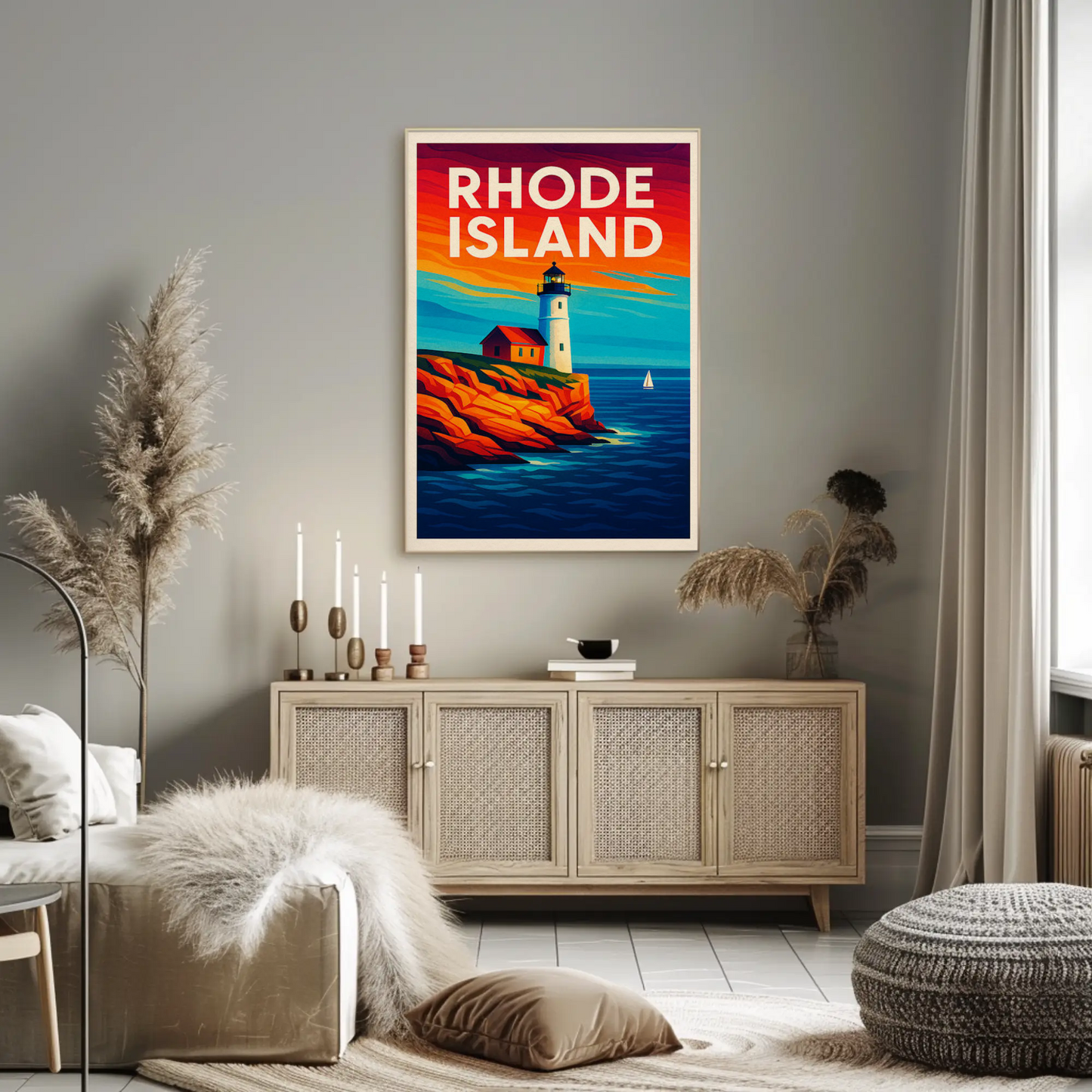 Rhode Island Coast Lighthouse Ocean Sunset Travel Poster