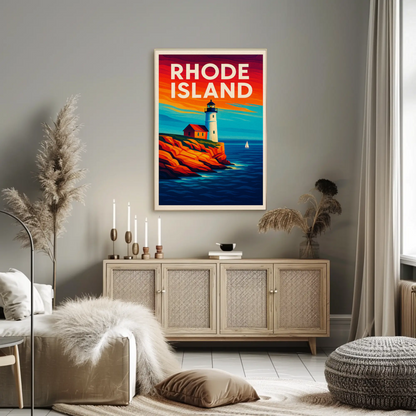 Rhode Island Coast Lighthouse Ocean Sunset Travel Poster