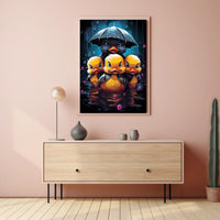 Ducklings in Rainstorm: Whimsical Family Art Poster