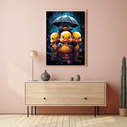 Ducklings in Rainstorm: Whimsical Family Art Poster