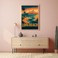 Long Beach Coastal Scene Retro Style Palm Trees City Skyline Poster