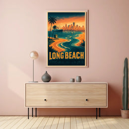 Long Beach Coastal Scene Retro Style Palm Trees City Skyline Poster