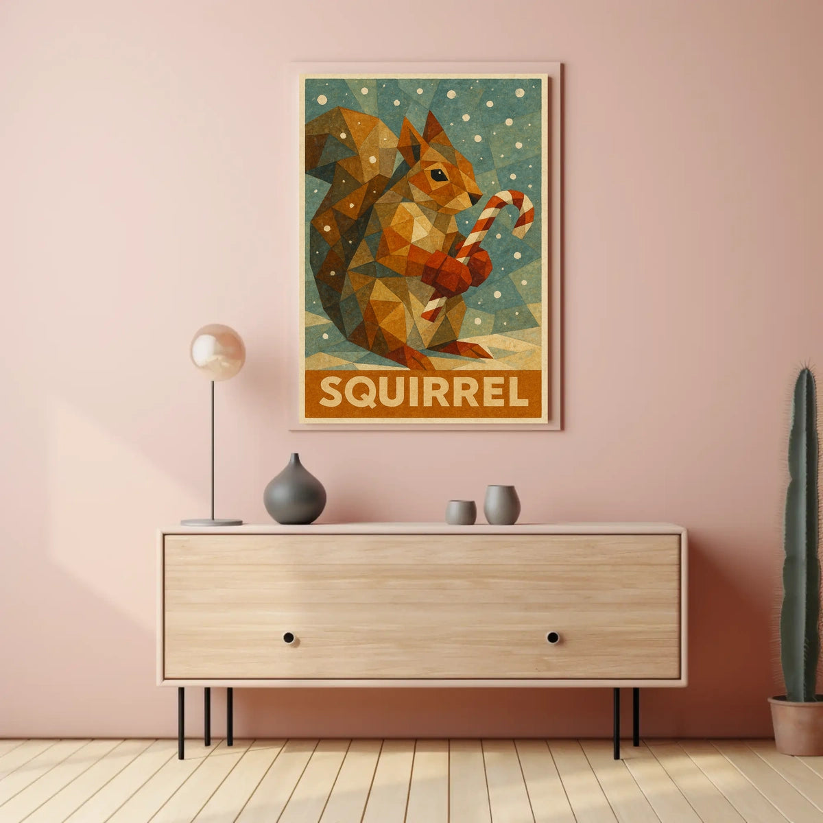 Geometric Squirrel with Candy Cane Poster