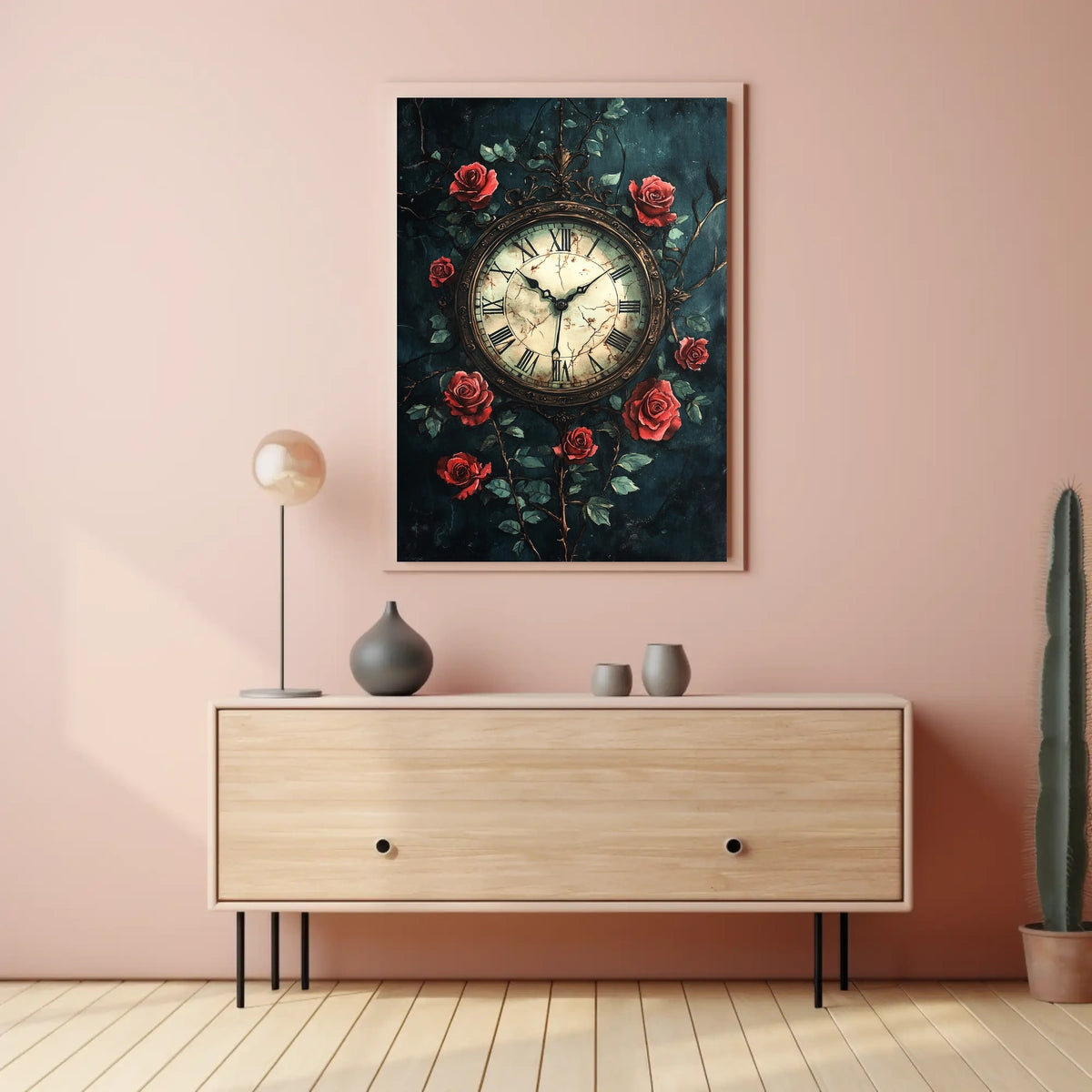 Vintage Clock and Roses Art Print - Artistic Poster