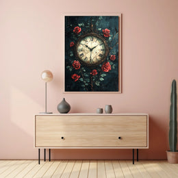 Vintage Clock and Roses Art Print - Artistic Poster