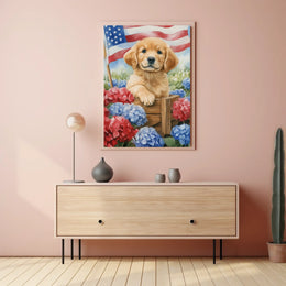 Beautiful Golden Retriever Puppy In A Wooden Wagon Poster