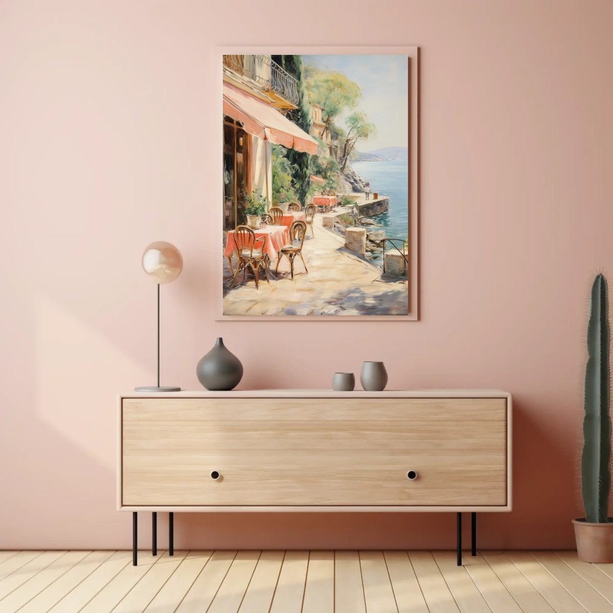 Sunlit Seaside Café Escape–Travel Poster
