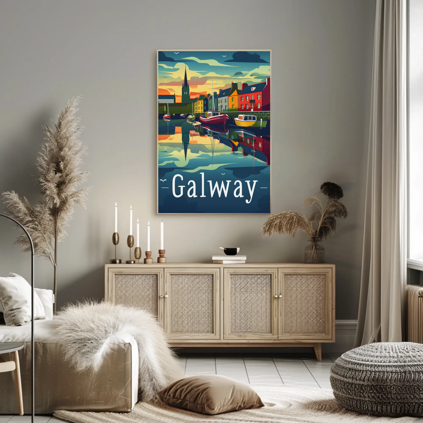 Evening Harbor Scene Galway Ireland Travel Poster