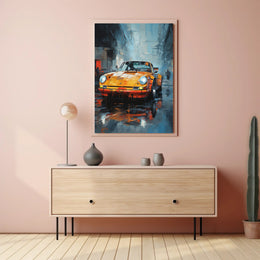 Vintage Sports Car on Rainy Street: Artistic Poster