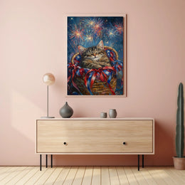 Brown Tabby Cat In Basket With Fireworks Flag Poster