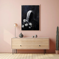 Cloaked Figure with Roses Abstract Artistic Poster PosterGoat