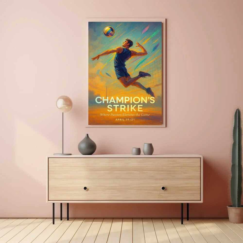 Champion's Strike Energetic Volleyball Action Sports Poster PosterGoat