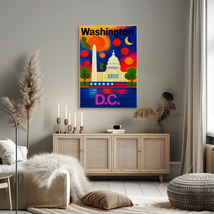 Washington DC Capitol Monument Colorful Night Travel Poster