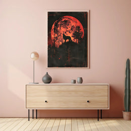 Mystical Wolf Howling at Fiery Red Moon PosterGoat