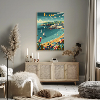 St Ives Cornwall Coastline Sailboats Flowers Travel Poster